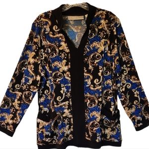 SIMONTONSays Paisley-Like Leaf Print Blouse (L) Long Sleeve , Open Collar